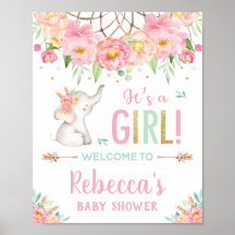Elefante Boho Rosa, Chá de fraldas Floral Boho, Bo