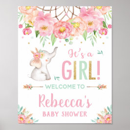 Poster Elefante Boho Rosa, Chá de fraldas Floral Boho, Bo
