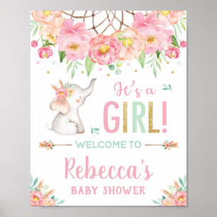 Poster Elefante Boho Rosa, Chá de fraldas Floral Boho, Bo
