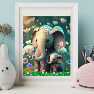 Poster Elefante Bonito Mãe e Jardim Bebê de Flores de Art