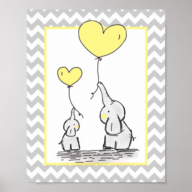 Poster Elefante Cinza Amarela Chevron Baby Nursery (Frente)