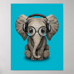 Póster Elefante customizável DJ do bebê com fones de