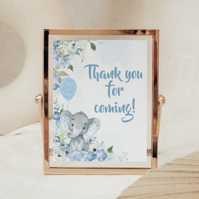 Poster Elefante de amendoim azul Obrigado por vir (Blue Elephant Little Peanut Baby Shower Thank you for Coming Sign)