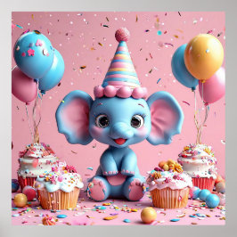 Poster Elefante de aniversário com bolo e balões