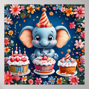 Poster Elefante de aniversário com bolo e balões