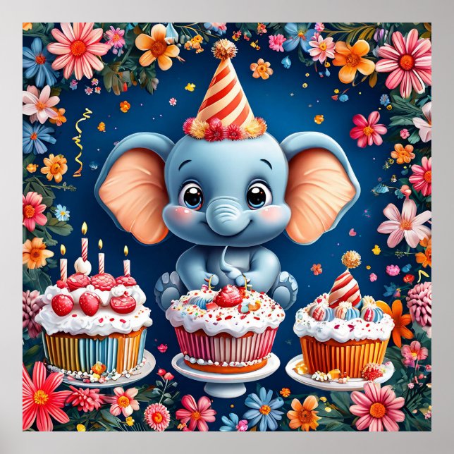 Poster Elefante de aniversário com bolo e balões (Frente)