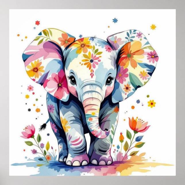 Poster Elefante De Aquarela Floral (Frente)