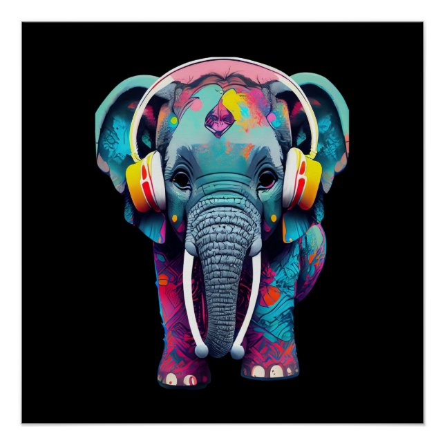 Póster Elefante de Bebê Bonito com Fones de ouvido (Frente)