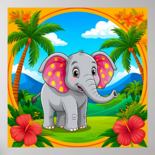 Poster Elefante de Cartoons Coloridos na Paisagem Tropica
