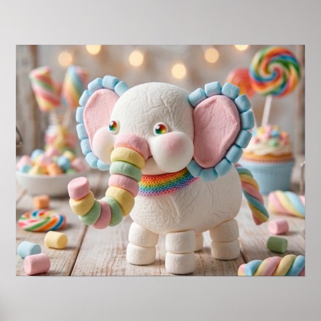 Poster Elefante de Marshmallow Caprichoso e Doces Pastel (Frente)