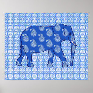 Póster Elefante de Paisley - azuis cobaltos e branco