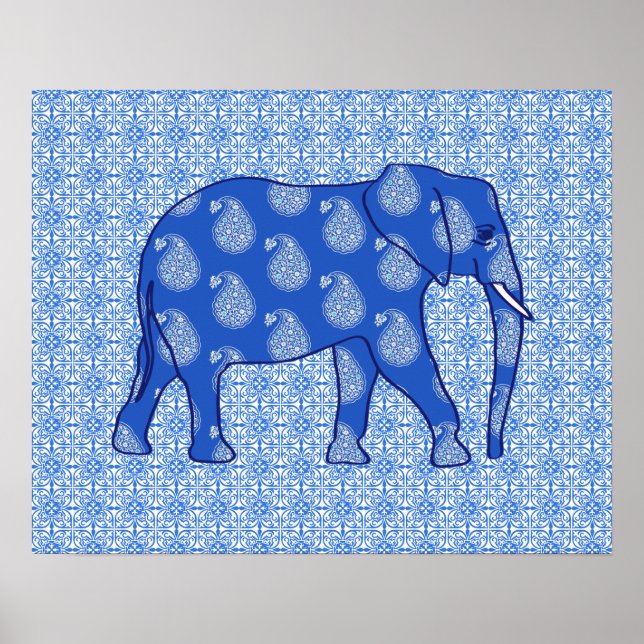 Póster Elefante de Paisley - azul de cobalto e branco (Frente)