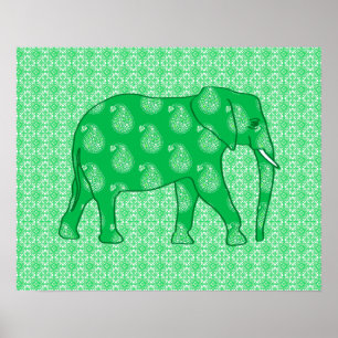 Póster Elefante de Paisley - verde e branco de jade