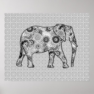 Póster Elefante do redemoinho do Fractal - cinza, preto e