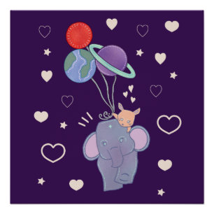 Póster Elefante e Coelho no Balão Espacial Caprichoso