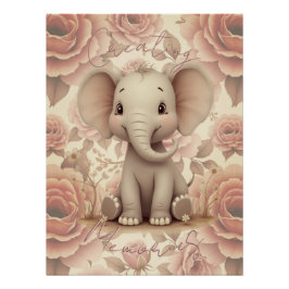 Póster Elefante e Floral em Pastel Suave