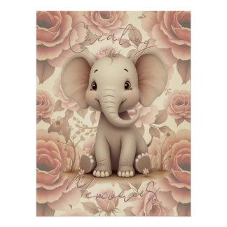 Póster Elefante e Floral em Pastel Suave