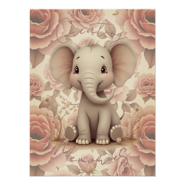 Póster Elefante e Floral em Pastel Suave (Frente)