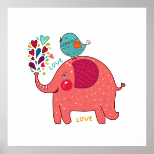 Póster Elefante e pássaro vermelhos