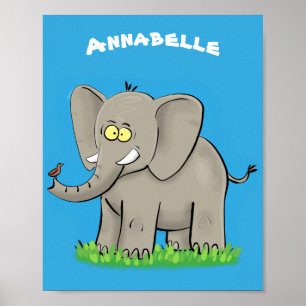 Poster Elefante engraçado bonito com pássaro na caricat