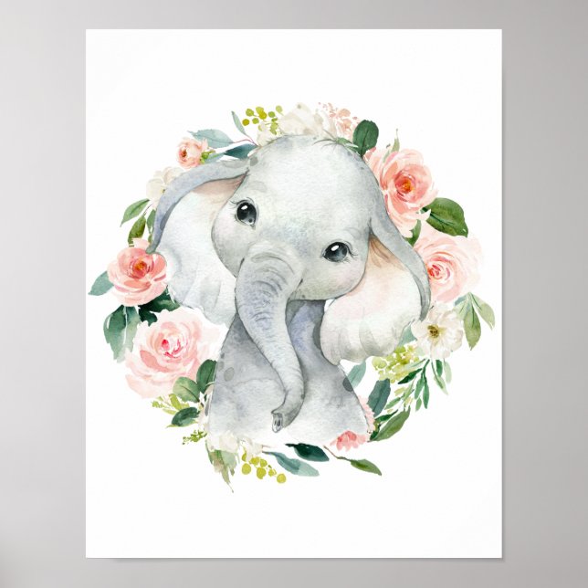Poster Elefante Floral de Bebê Fofo Menina (Frente)
