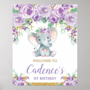 Poster Elefante Floral Roxo Menina de 1 Ano Bem-Vinda