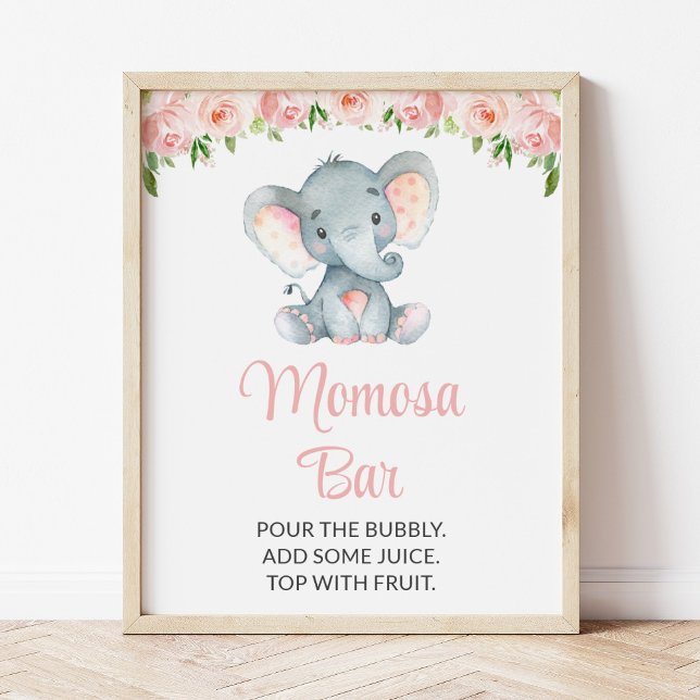 Poster Elefante, Flores Rosa, Bar Momosa Chá de fraldas (Criador carregado)