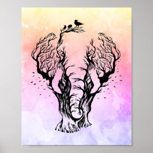 Poster Elefante Florestal de Boho de Aquarela