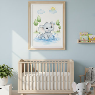 Poster Elefante Fofo Brincando na Água