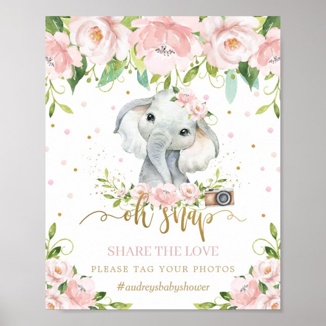 Poster Elefante Fofo Floral Rosa Oh Snap Compartilhe o Am (Frente)