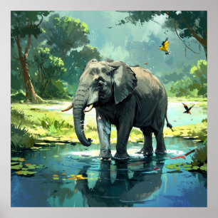 Poster Elefante Incrível em Rio com Pintura de Aves