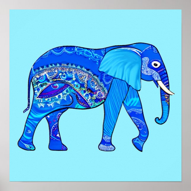 Poster Elefante Indiano em Padrão Árabe Azul (Frente)