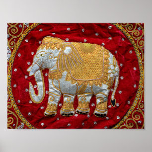 Poster Elefante Indígena Vermelho e Dourado embelezado