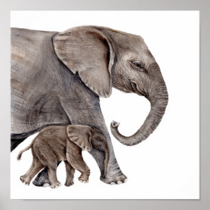Poster Elefante-Mãe com Elefante-Bebê