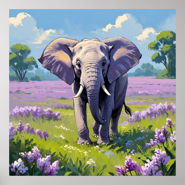 Poster Elefante majestoso caminhando na pintura de campo  (Frente)