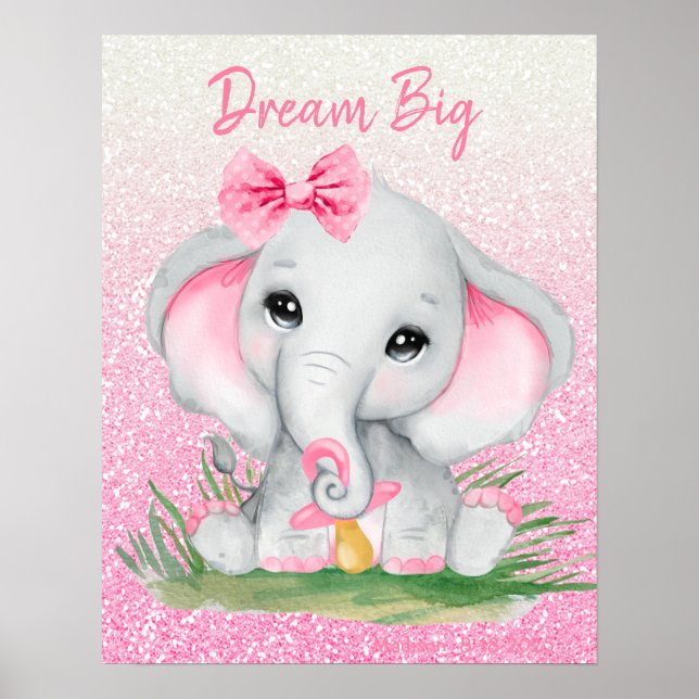 Poster Elefante Menina Brilho Rosa Sonho Fofo Grande   (Frente)