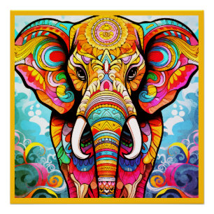 Póster Elefante Mosaico Colorido em um Pôster de Parede B