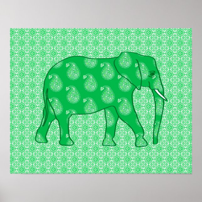 Póster Elefante Paisley - verde-jade e branco (Frente)