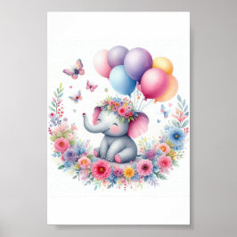 Poster Elefante Para Bebê De Aquarela Com Balões E Flores