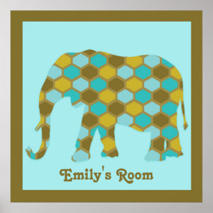 Póster Elefante Personalizado Verde Oliva Azul Dourado