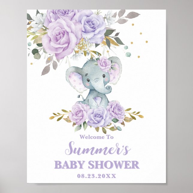 Poster Elefante Purple Lilac Floral Chá de fraldas Bem-vi (Frente)