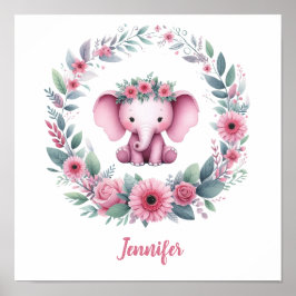 Poster Elefante Rosa com Grinalda Floral