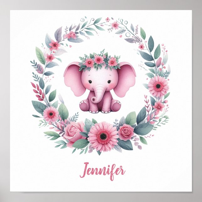 Poster Elefante Rosa com Grinalda Floral (Frente)