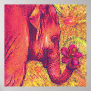 Póster elefante rosa com hibisco