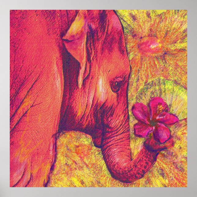 Póster elefante rosa com hibisco (Frente)