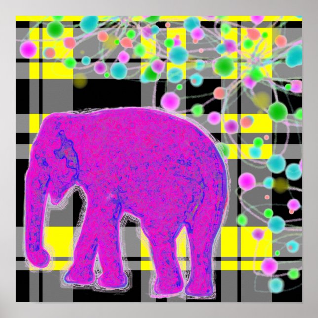 Poster Elefante rosa e Xadrez (Frente)