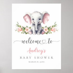 Poster Elefante Rosa Floral Baby Girl Chá bem-vindo