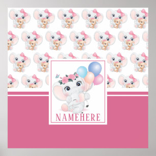 Poster Elefante Rosa Girly com Padrão de Arco e Balão