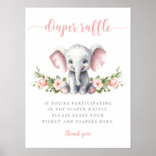 Poster Elefante Rosa Menina Chá Fralda Raffle