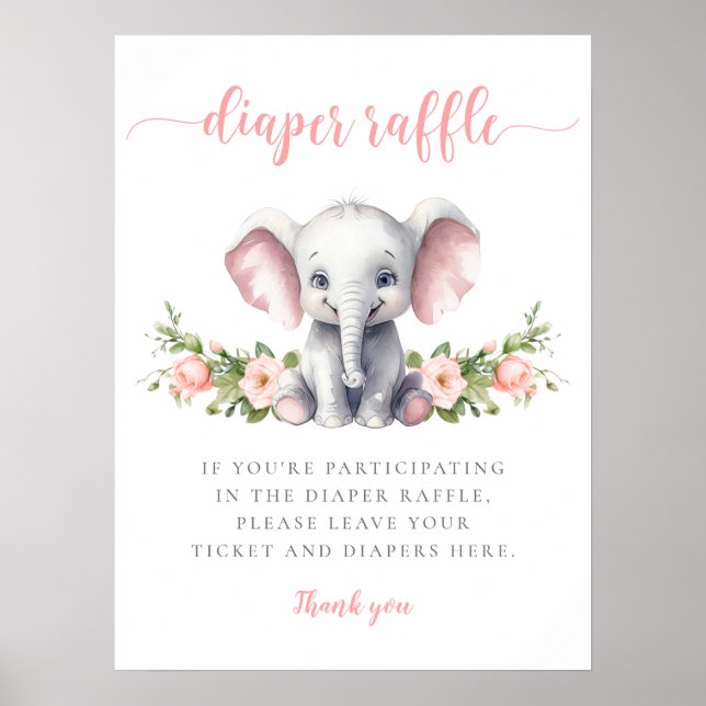 Poster Elefante Rosa Menina Chá Fralda Raffle (Frente)